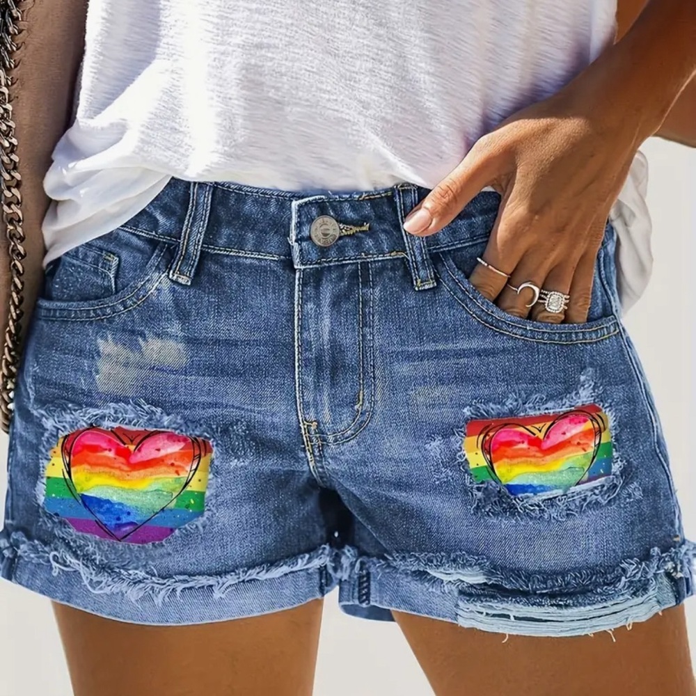 Plus size rainbow heart distressed jean shorts